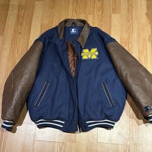 Vintage Michigan Starter Men's Blue and Brown Leather Varsity Jacket
